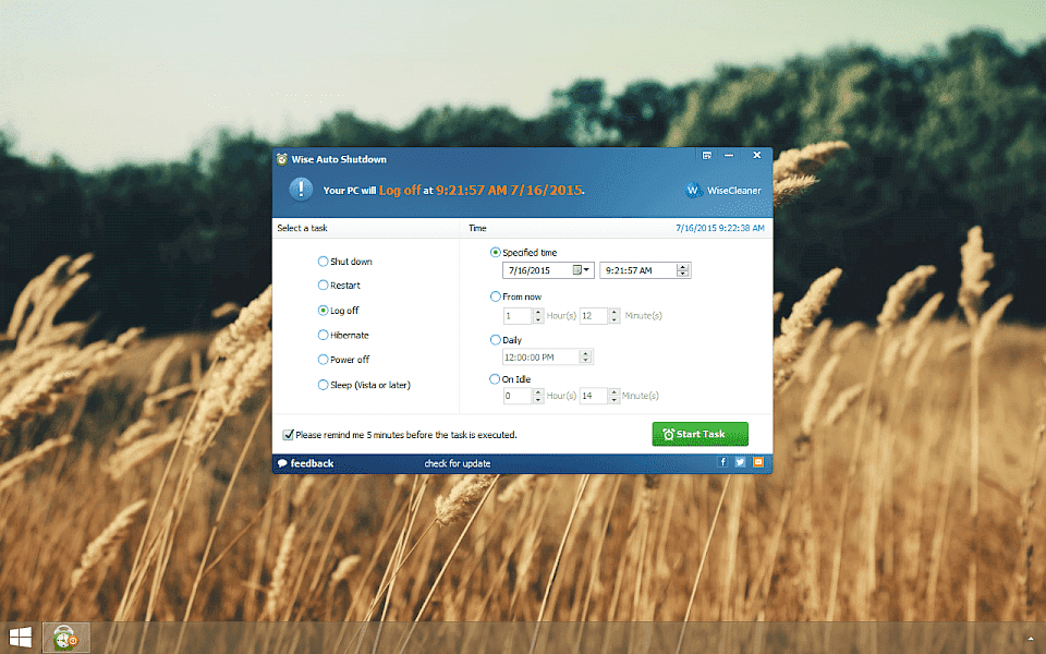 Screenshot of Wise Auto Shutdown software running on Windows 10.