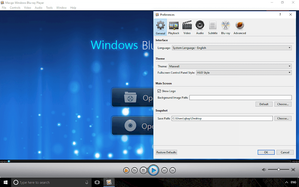 Screenshot of Macgo Blu-ray Player software running on Windows 10.