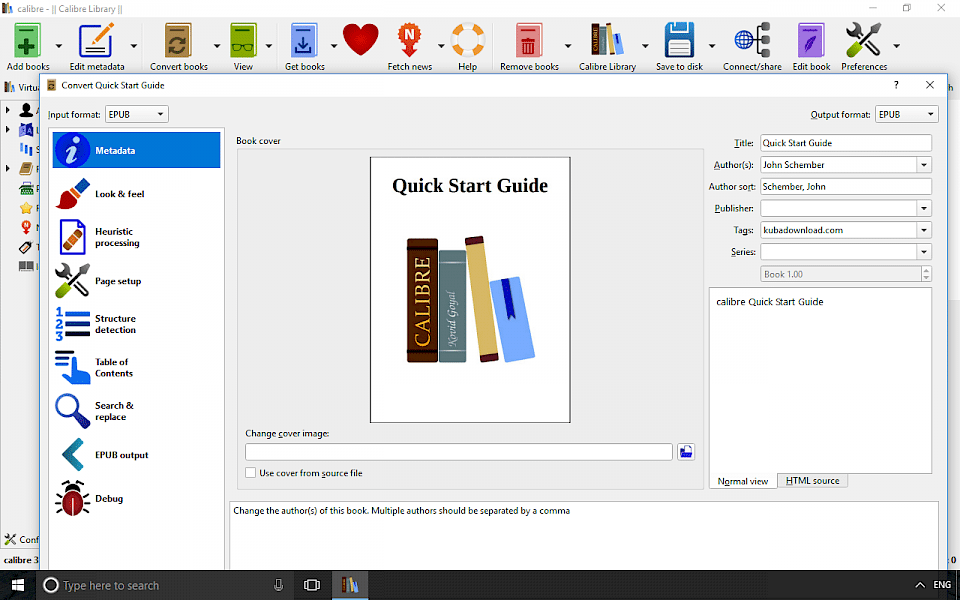 Screenshot of Calibre software running on Windows 10.