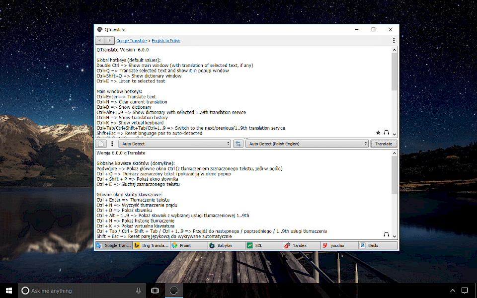 Screenshot of QTranslate software running on Windows 10.