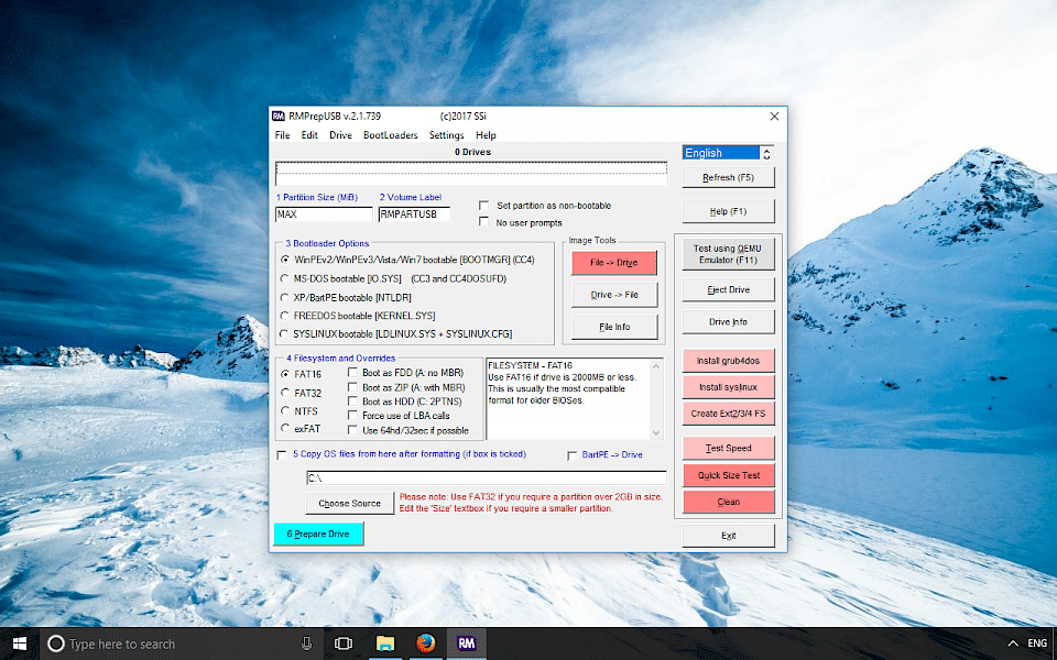 Screenshot of RMPrepUSB software running on Windows 10.