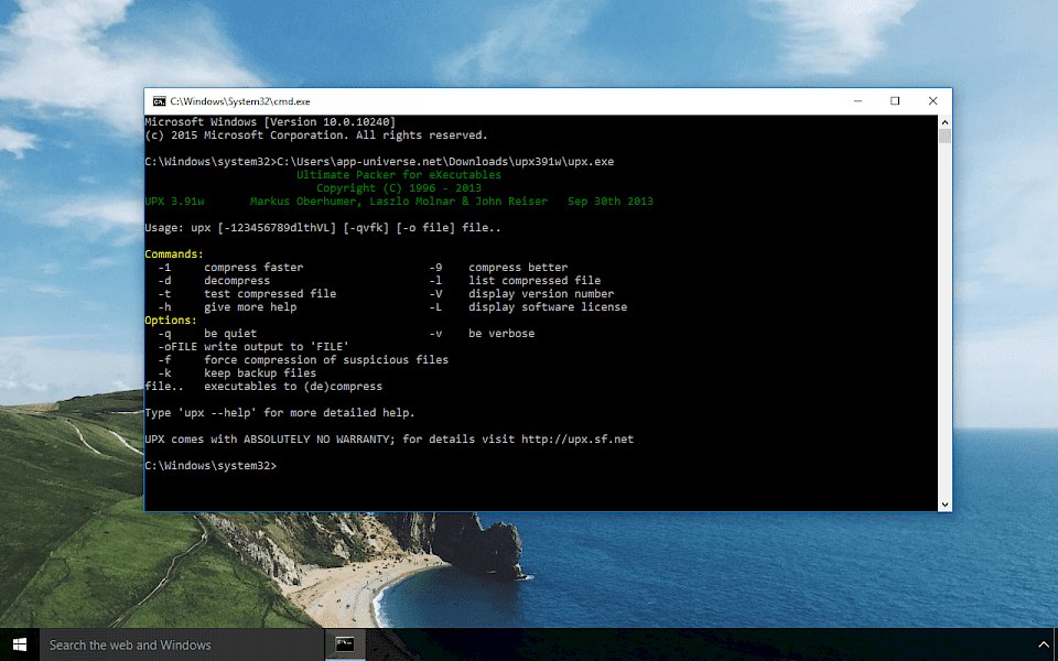 Screenshot of UPX software running on Windows 10.