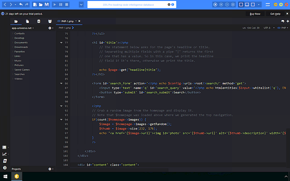 Screenshot of Komodo Edit software running on Windows 10.