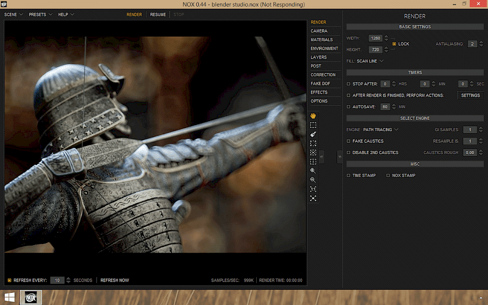 Screenshot of NOX Renderer software running on Windows 10.