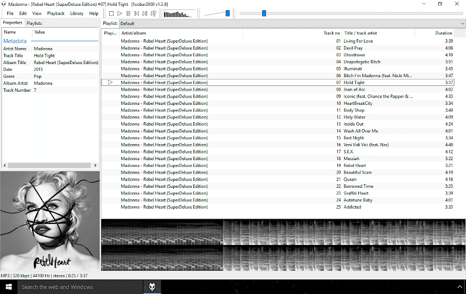 Screenshot of foobar2000 software running on Windows 10.