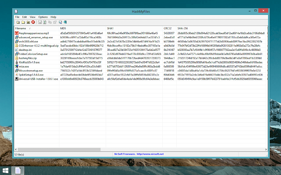 Screenshot of HashMyFiles software running on Windows 10.