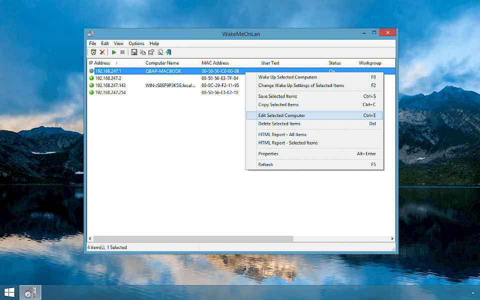 Screenshot of WakeMeOnLan software running on Windows 10.