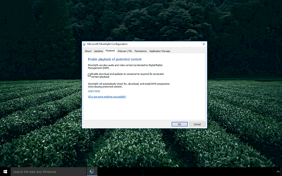 Screenshot of Microsoft Silverlight software running on Windows 10.