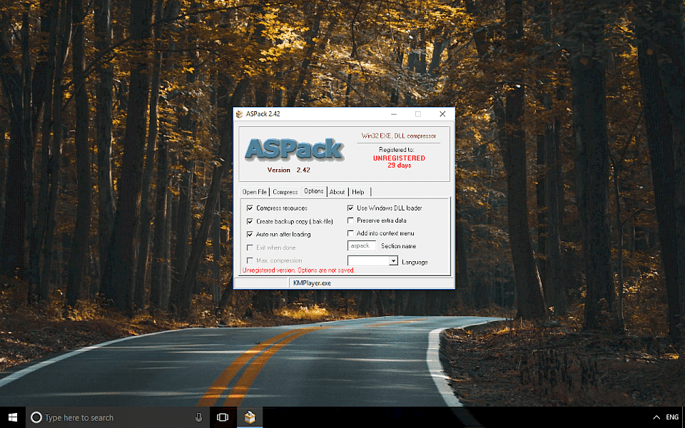 Screenshot of ASPack software running on Windows 10.