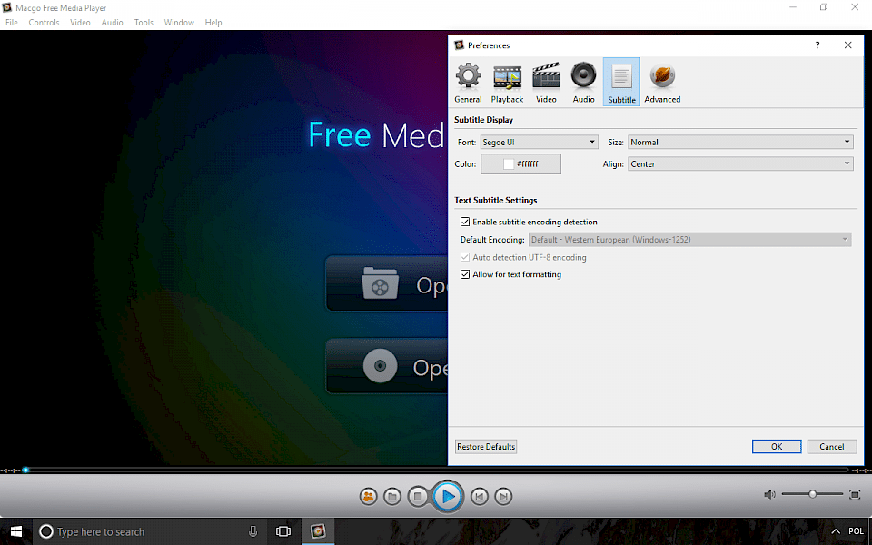 Screenshot of Macgo Free Media Player software running on Windows 10.