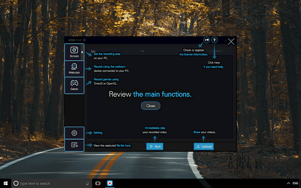 Screenshot of GOM Cam software running on Windows 10.