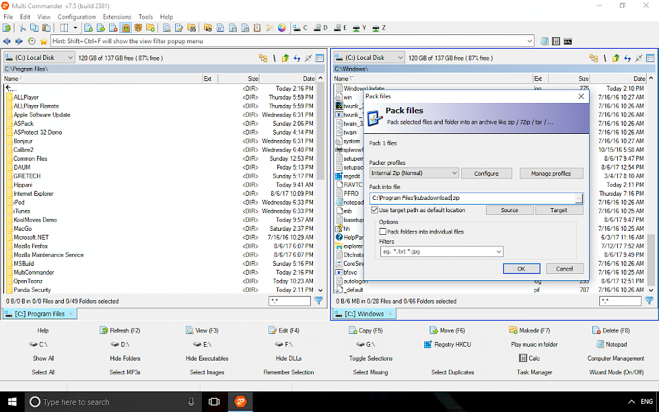 Screenshot of Multi Commander software running on Windows 10.
