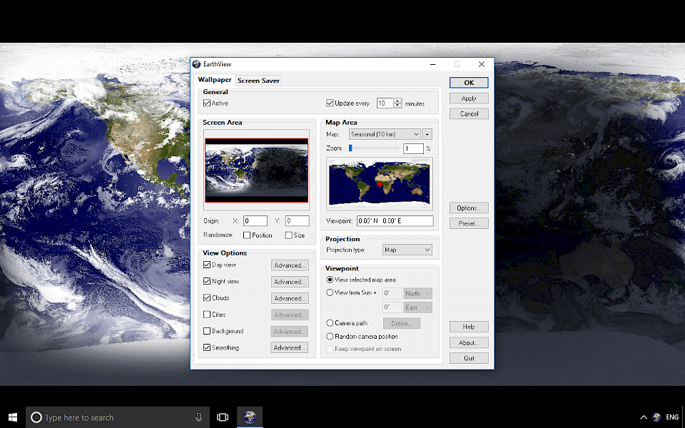 Screenshot of EarthView software running on Windows 10.