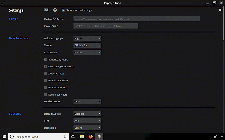 PopcornTime Settings