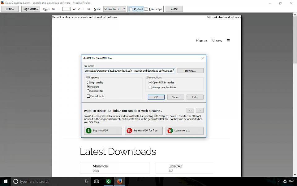 Screenshot of doPDF software running on Windows 10.