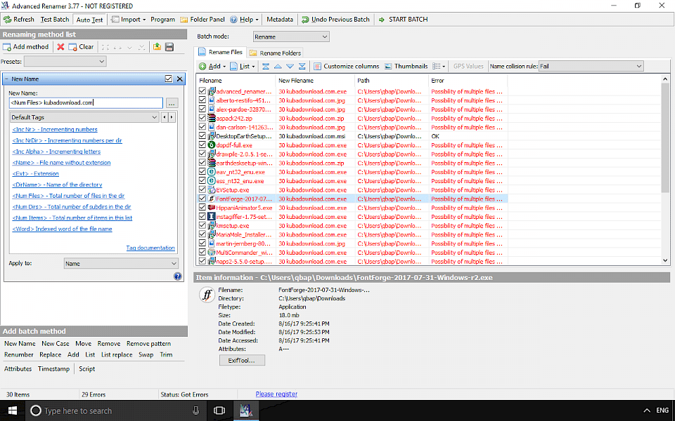 Screenshot of Advanced Renamer software running on Windows 10.