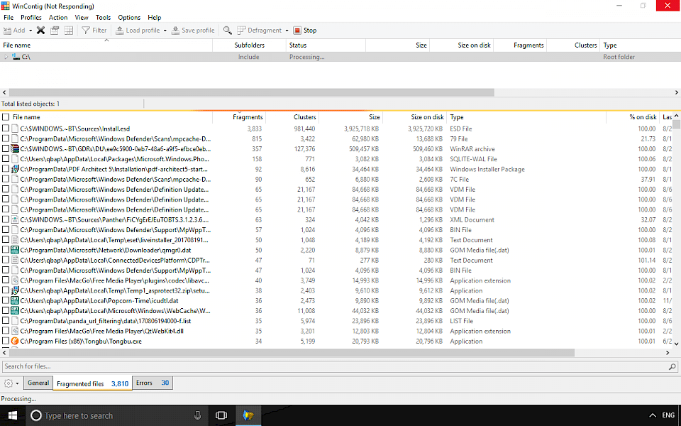 Screenshot of WinContig software running on Windows 10.