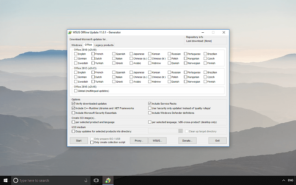 Screenshot of WSUS Offline Update software running on Windows 10.