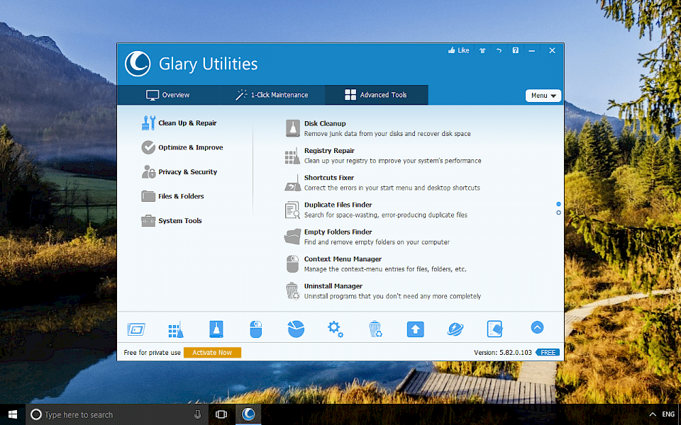 Screenshot of Glary Utilities software running on Windows 10.