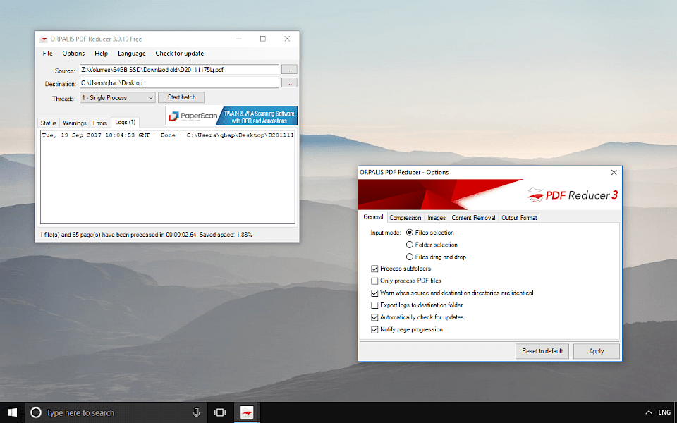 Screenshot of ORPALIS PDF Reducer Free Edition software running on Windows 10.