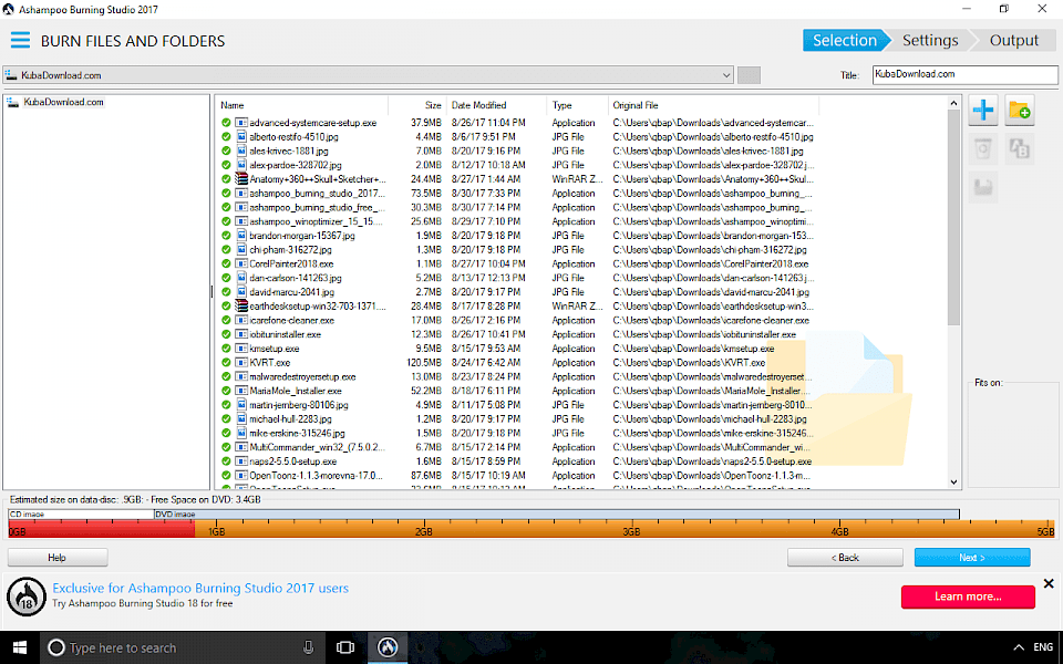 Screenshot of Ashampoo Burning Studio Free software running on Windows 10.