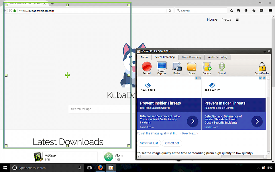 Screenshot of oCam software running on Windows 10.