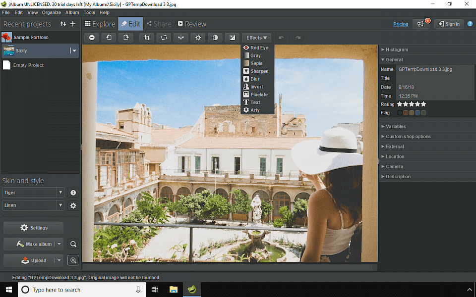 Image editing tools in JAlbum software running on Windows 10