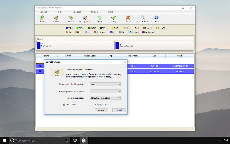Screenshot of Tenorshare Free Partition Manager software running on Windows 10.