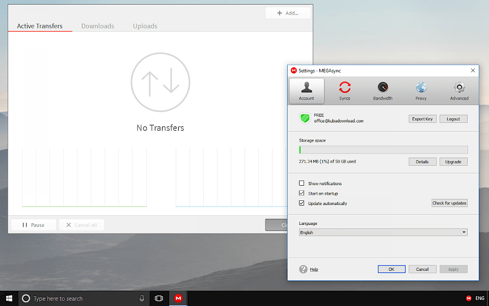 Screenshot of MEGASync software running on Windows 10.