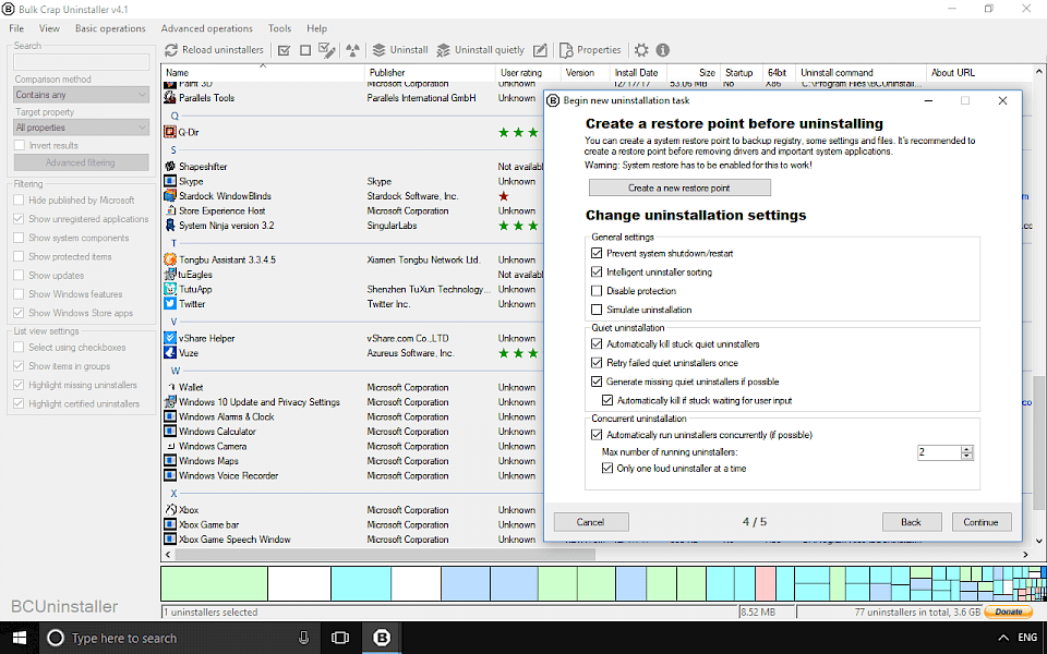 Screenshot of BCUninstaller software running on Windows 10.