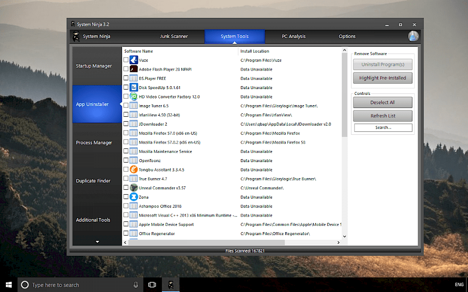 Screenshot of System Ninja software running on Windows 10.