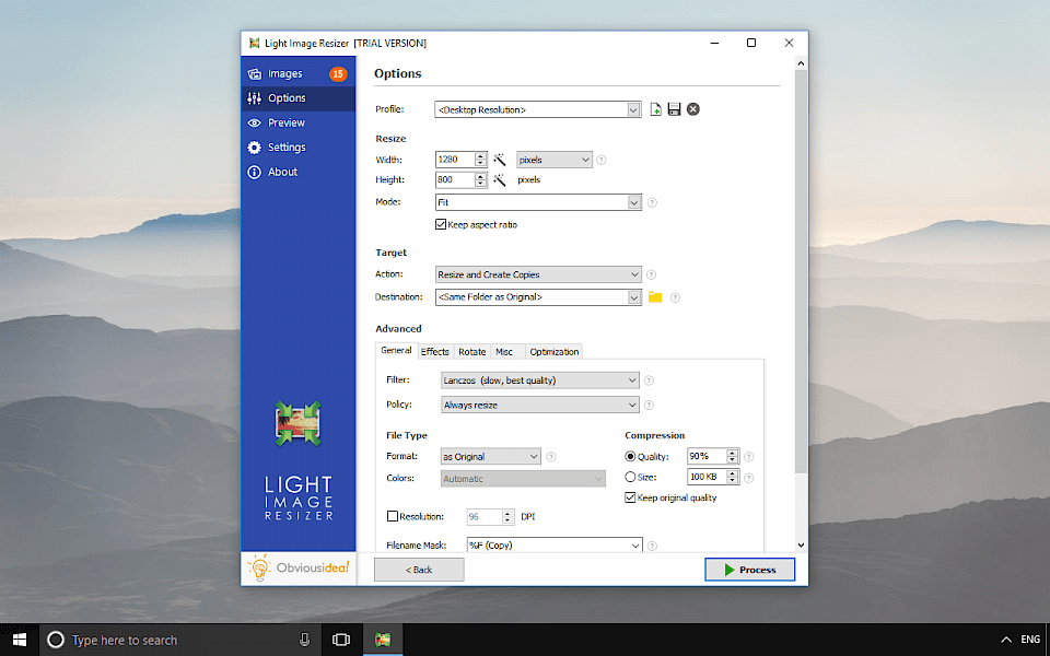Screenshot of Light Image Resizer software running on Windows 10.