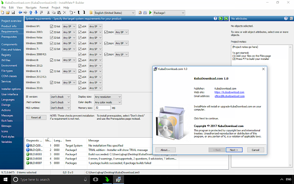 Screenshot of InstallMate software running on Windows 10.