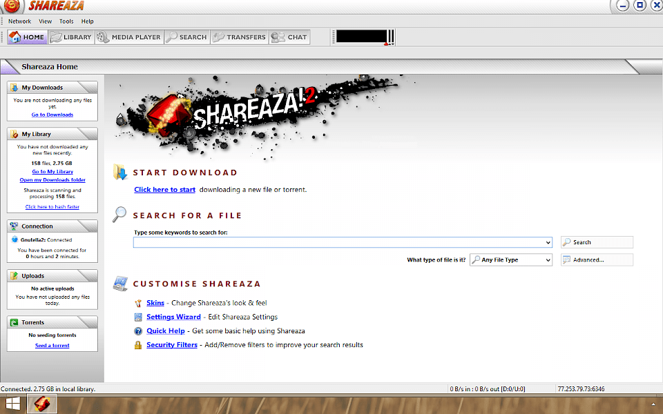 Screenshot of Shareaza software running on Windows 10.