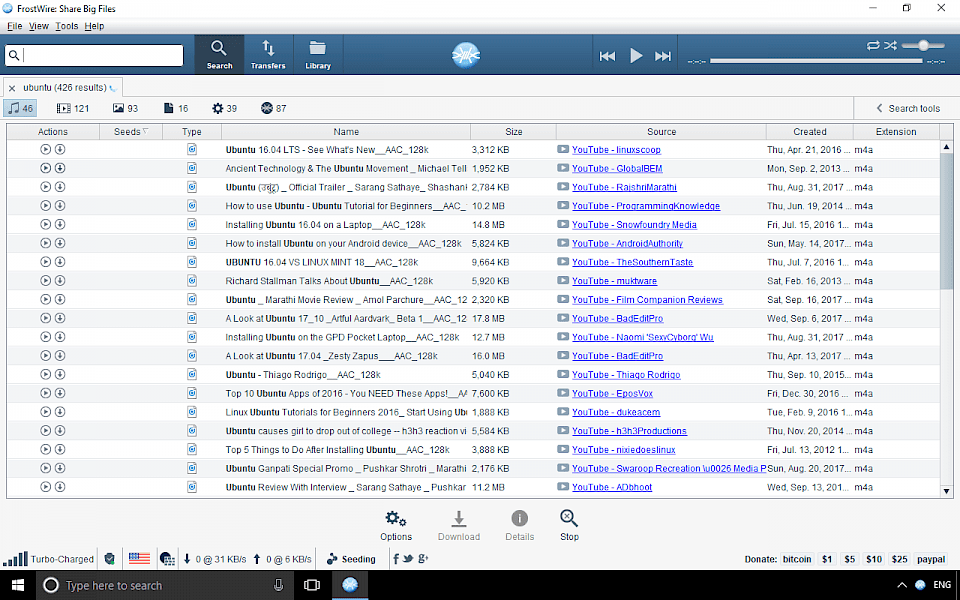 Screenshot of FrostWire software running on Windows 10.