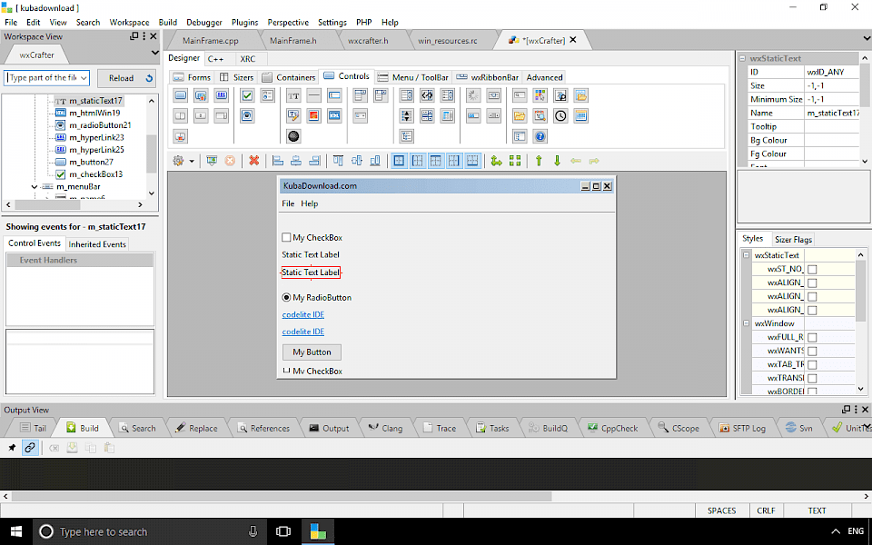Screenshot of CodeLite IDE software running on Windows 10.