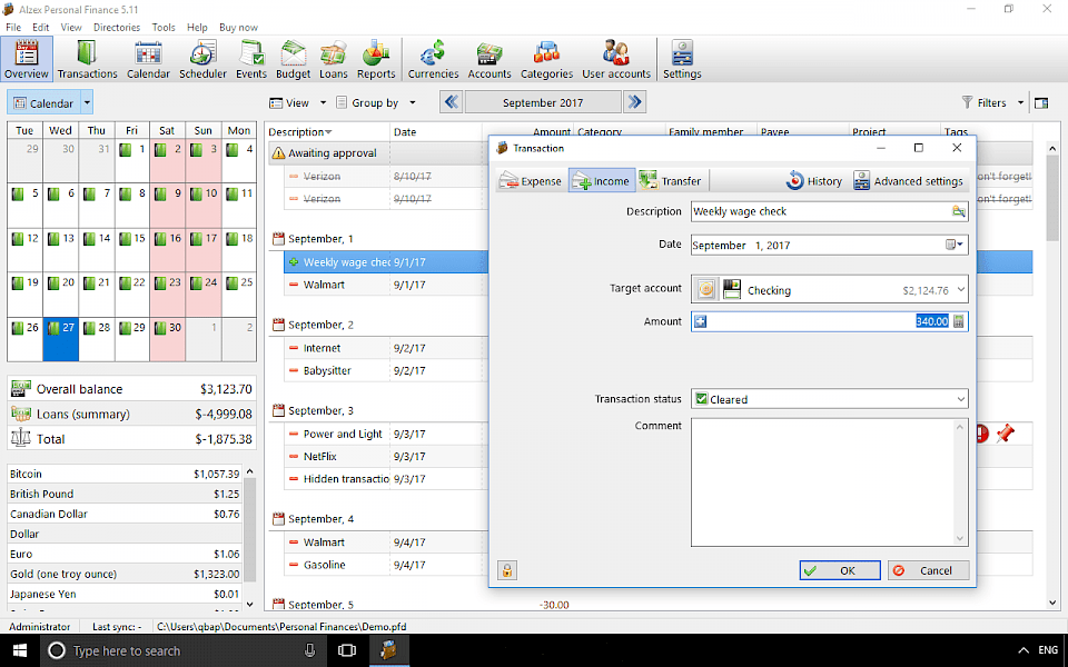 Screenshot of Alzex Personal Finance Pro software running on Windows 10.