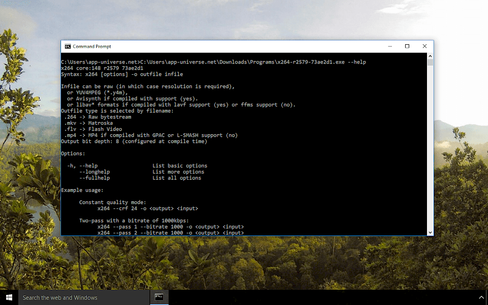 Screenshot of x264 Video Codec software running on Windows 10.