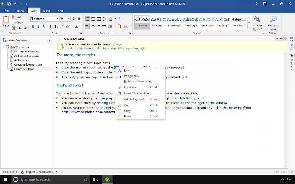 Screenshot of HelpNDoc software running on Windows 10.