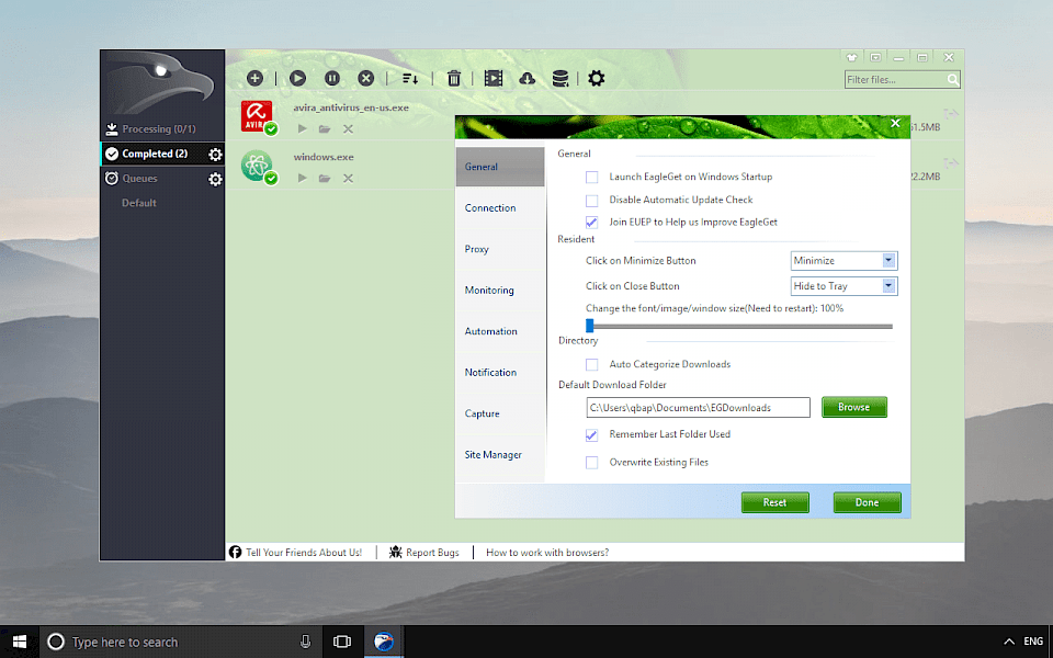 Screenshot of EagleGet software running on Windows 10.