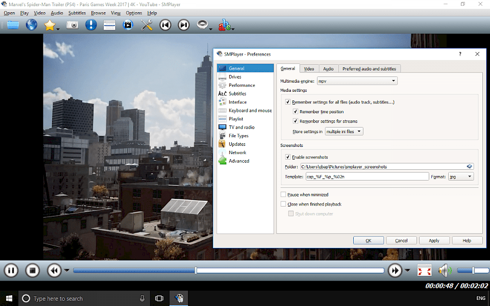 Screenshot of SMPlayer software running on Windows 10.