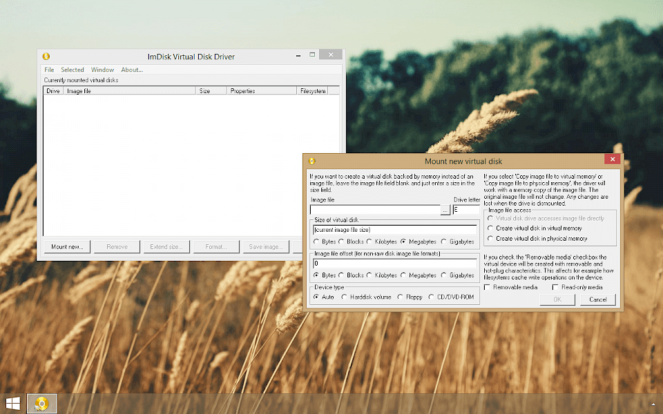 Screenshot of ImDisk Toolkit software running on Windows 10.