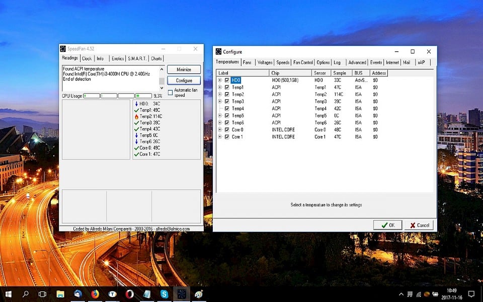 Screenshot of SpeedFan software running on Windows 10.