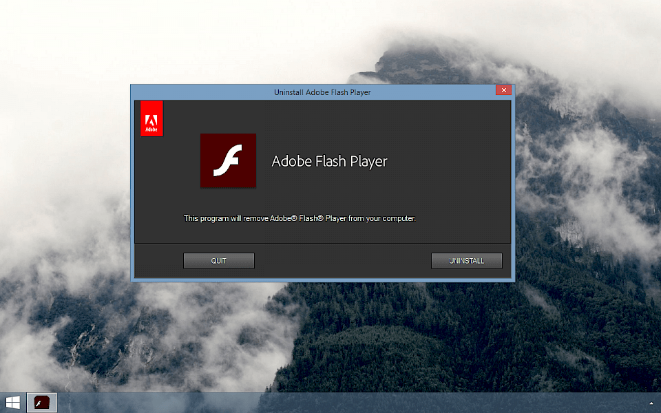 Screenshot of Adobe Flash Player Uninstaller software running on Windows 10.