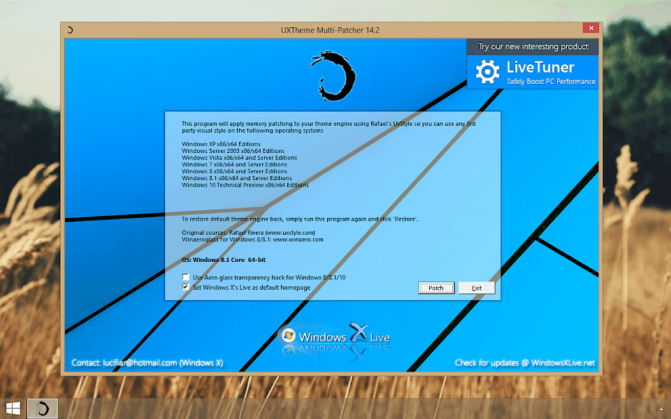 Screenshot of UXTheme Multi-Patcher software running on Windows 10.