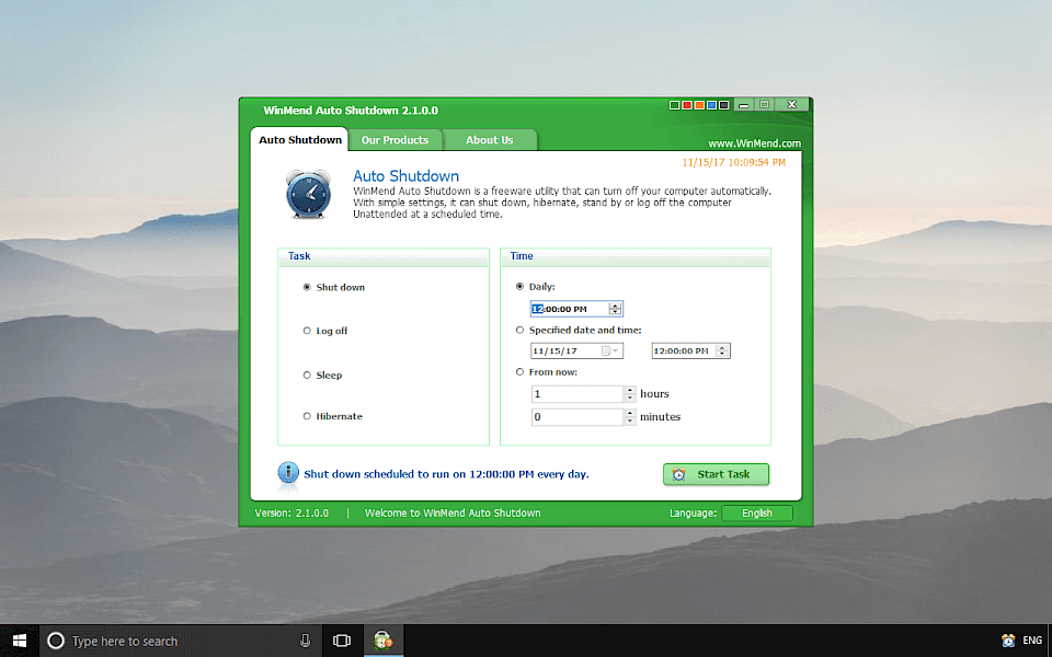 Screenshot of WinMend Auto Shutdown software running on Windows 10.