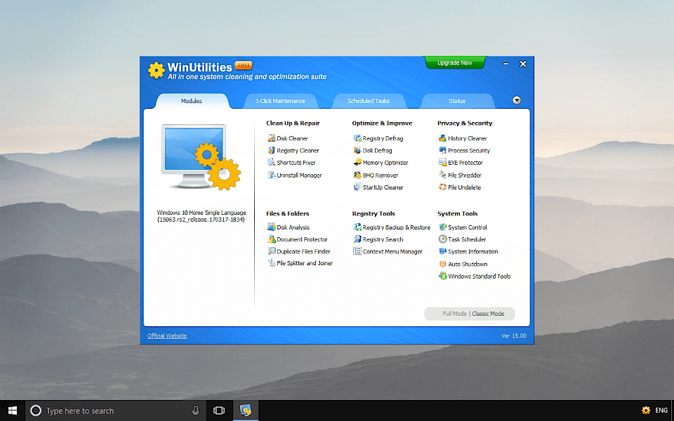 Screenshot of WinUtilities Free software running on Windows 10.