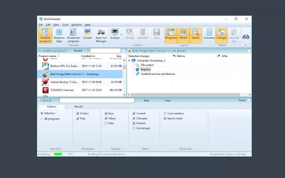 Screenshot of Total Uninstall software running on Windows 10.