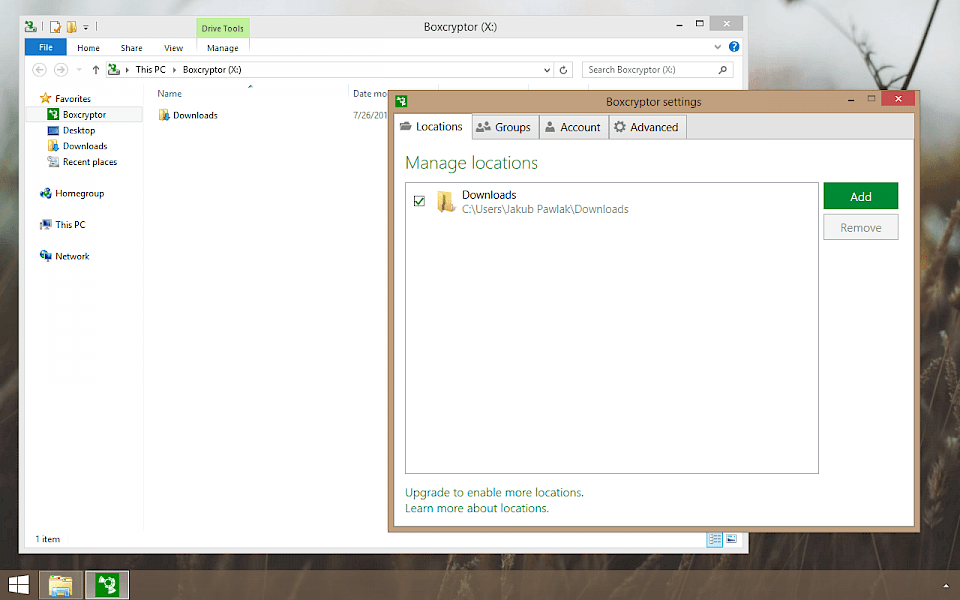 Screenshot of BoxCryptor software running on Windows 10.
