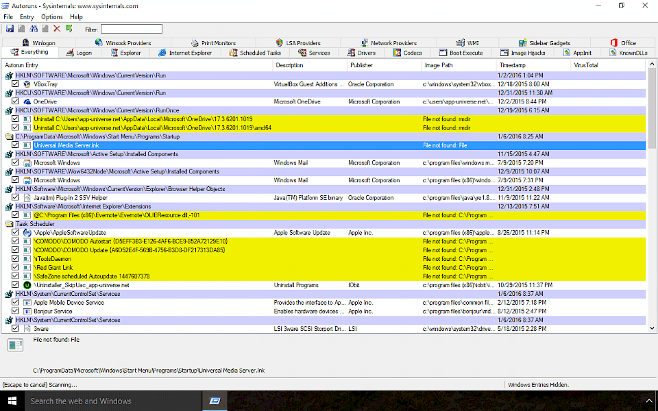 Screenshot of AutoRuns software running on Windows 10.